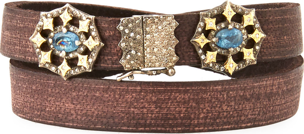 Armenta Old World Aquamarine & Diamond Crivelli Leather Wrap Bracelet