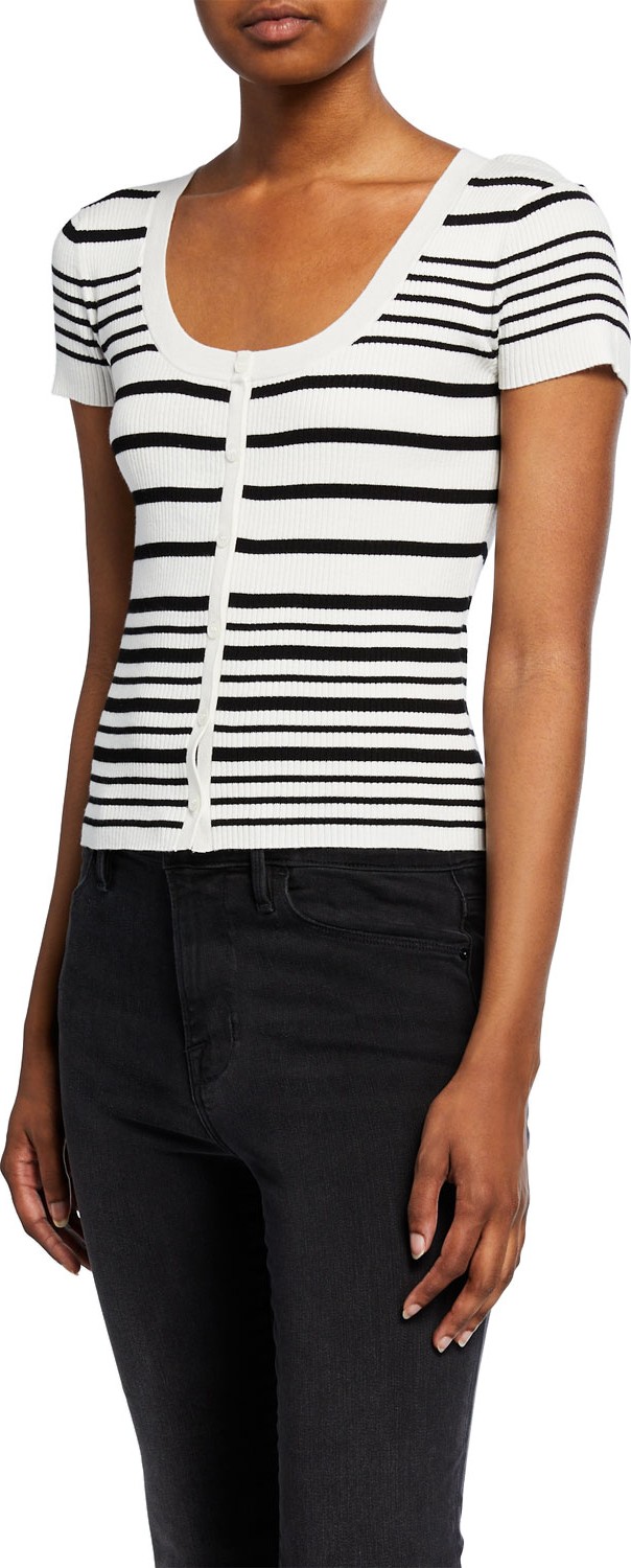 FRAME DENIM Striped Scoop-Neck Button-Front Sweater