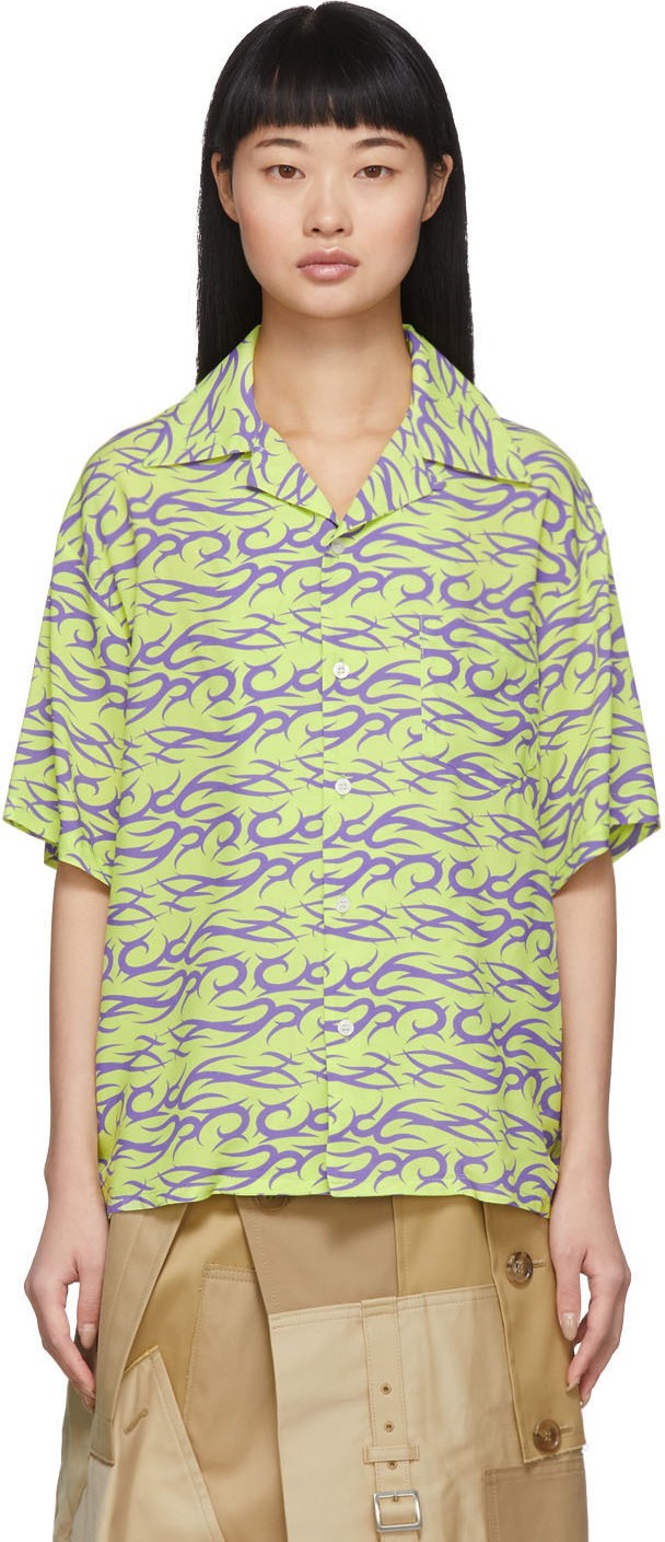 Ashley Williams Green & Purple Silk Tattoo Print Shirt