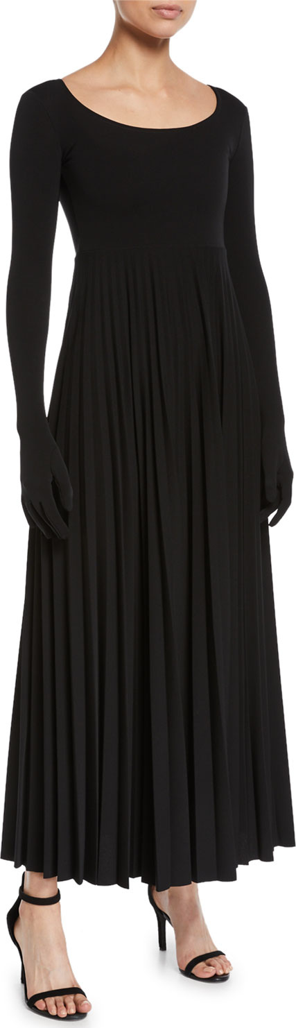 A.W.A.K.E Scoop-Neck Pleated Long Dress with Gloves