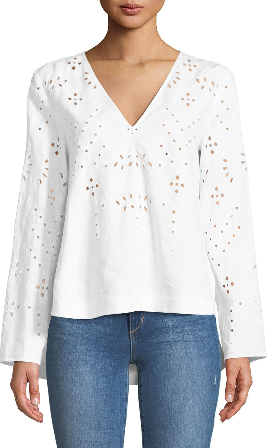 Theory Relaxed Eyelet Linen V-Neck Top