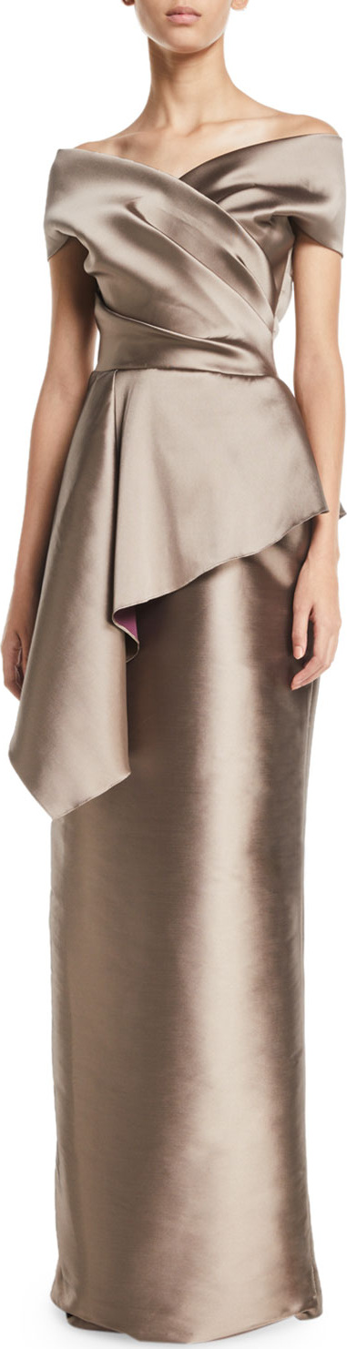 Rickie Freeman for Teri Jon Stretch Gazar Off-Shoulder Peplum Column Gown