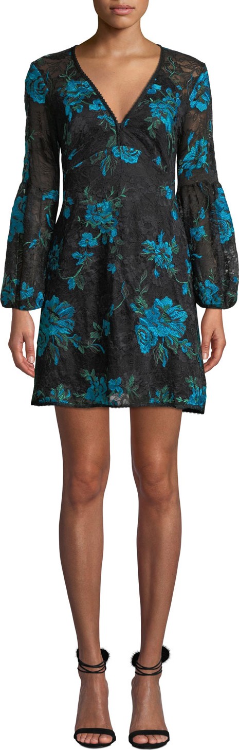 Nanette Lepore Aerial Blouson-Sleeve Floral Lace Mini Dress