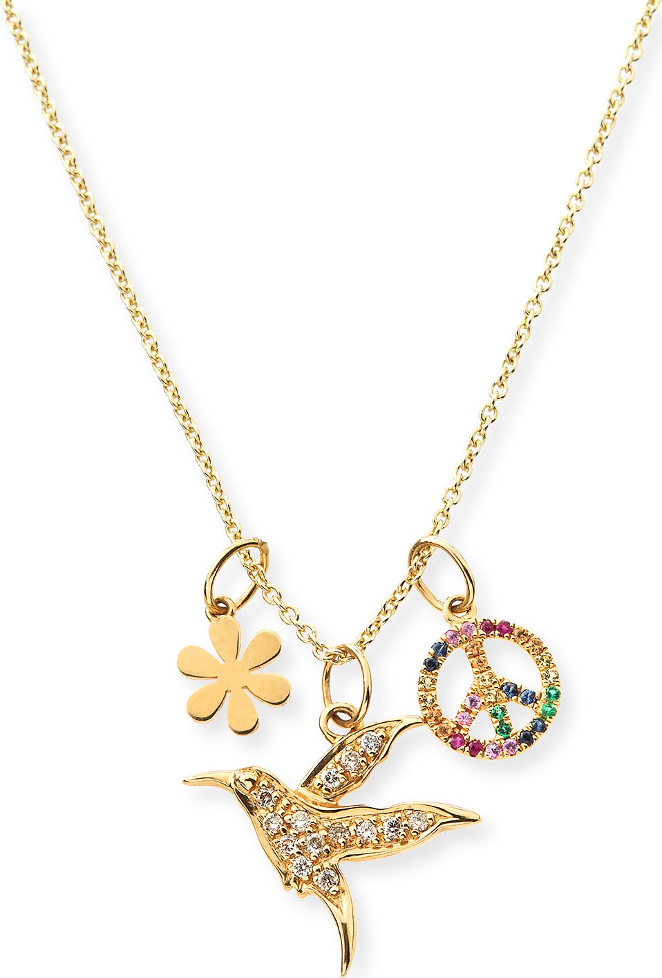 Sydney Evan 14k Daisy, Peace & Hummingbird Trio Pendant Necklace