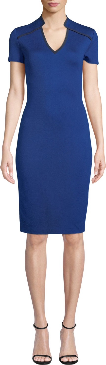 St. John Milano Knit Short-Sleeve V-Neck Dress w/ Silk Trim
