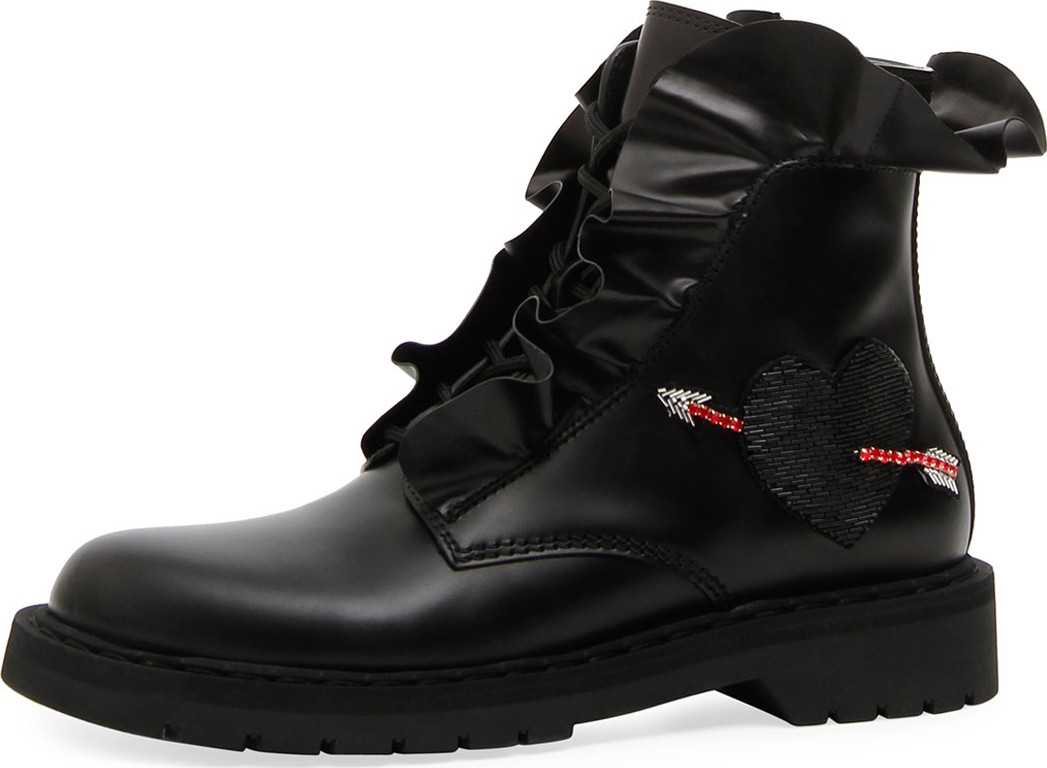 Valentino Love Calf Leather Combat Boot with Ruffles & Heart