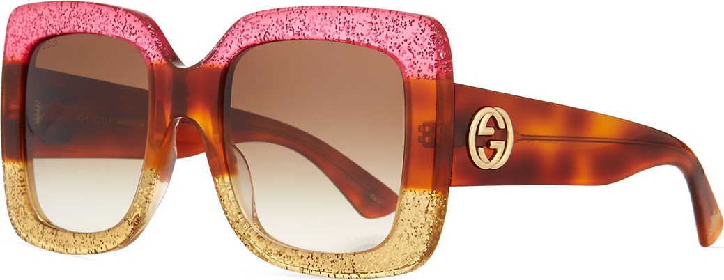 Gucci Glittered Gradient Oversized Square Sunglasses, Fuchsia/Havana/Gold