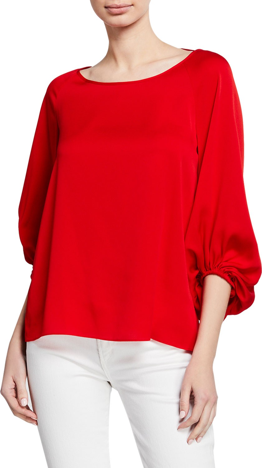 MILLY Boat-Neck Blouson-Sleeve Silk Top w/ Back Tie