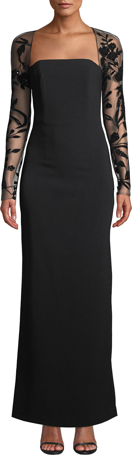 Sachin & Babi Lori Sheer Long-Sleeve Square-Neck Gown
