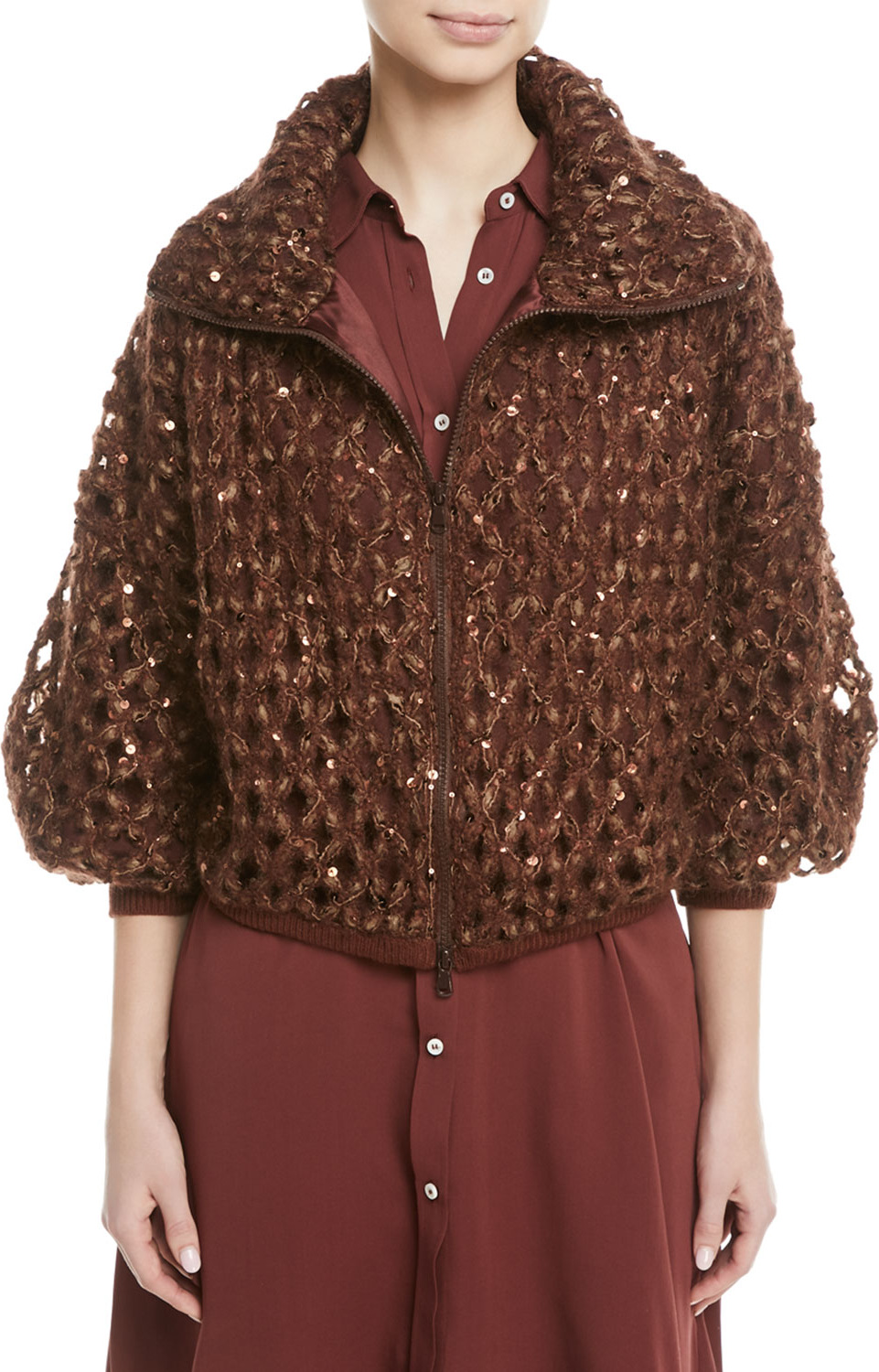 Brunello Cucinelli Mohair Netted Zip-Front Blouson Cardigan w/ Paillettes