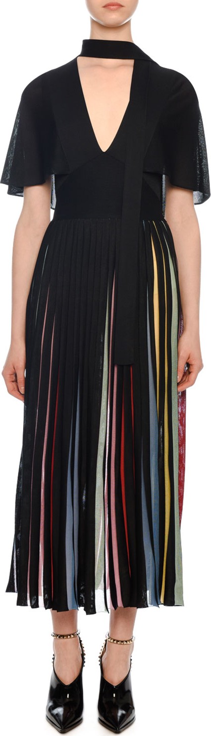 Valentino Short-Sleeve Knit Midi Dress with Rainbow Inset