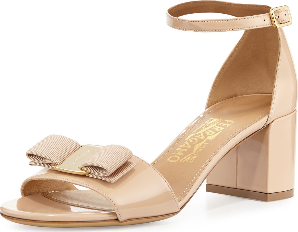 Salvatore Ferragamo Gavina Bow Patent City Sandals, Bisque
