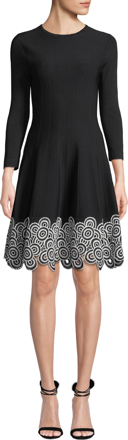 Lela Rose Crewneck Long-Sleeve Fit-and-Flare Dress w/Circle Lace Hem