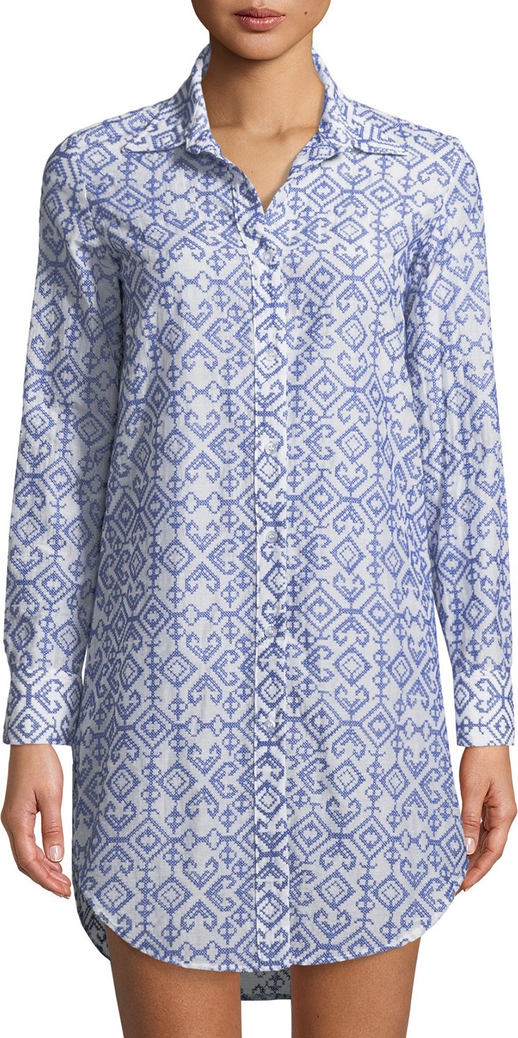 MILLY Jessica Button-Front Long-Sleeve Printed Coverup