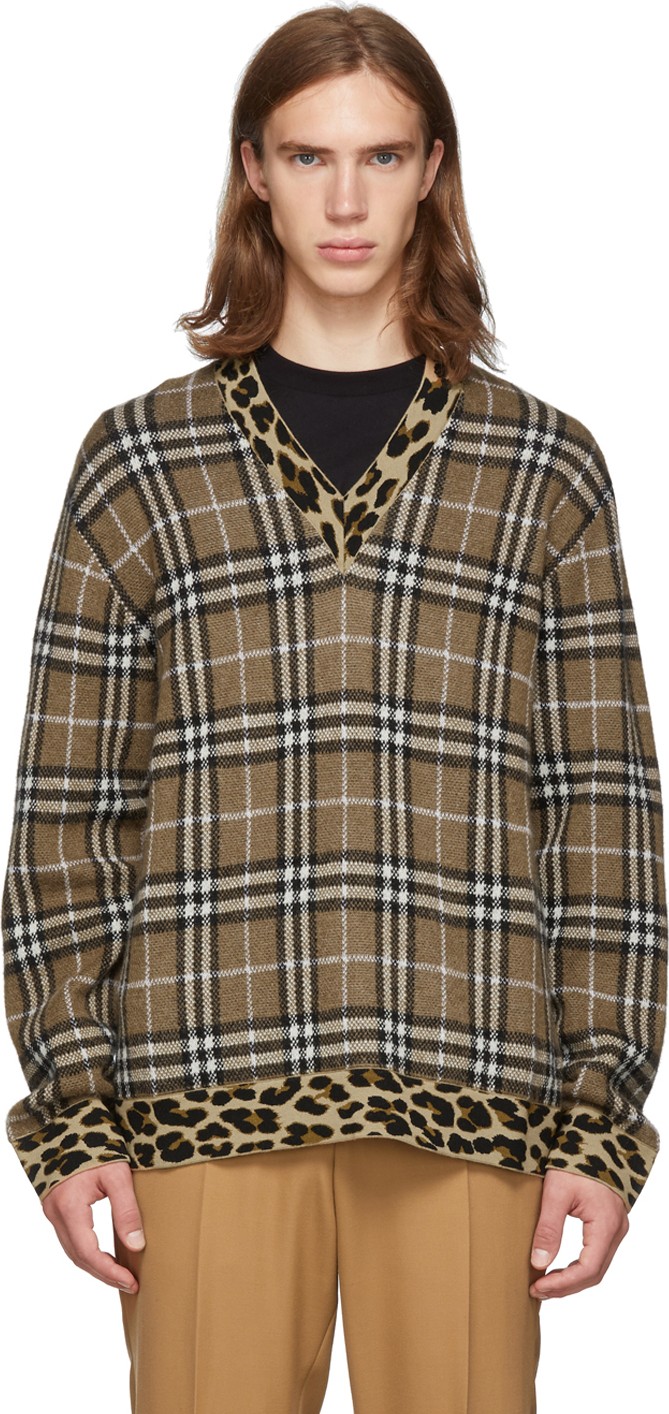 Burberry London England Brown Knit Check Leopard V-Neck Sweater