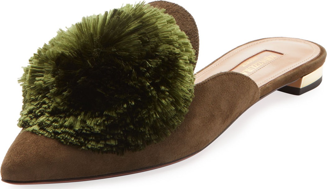 Aquazzura Powder Puff Pompom Suede Mule Flat