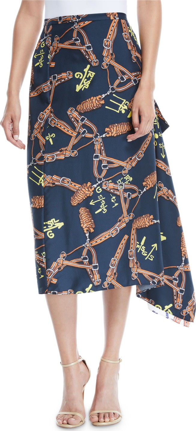 Tibi Renzo Scarf-Print Asymmetric Midi Skirt