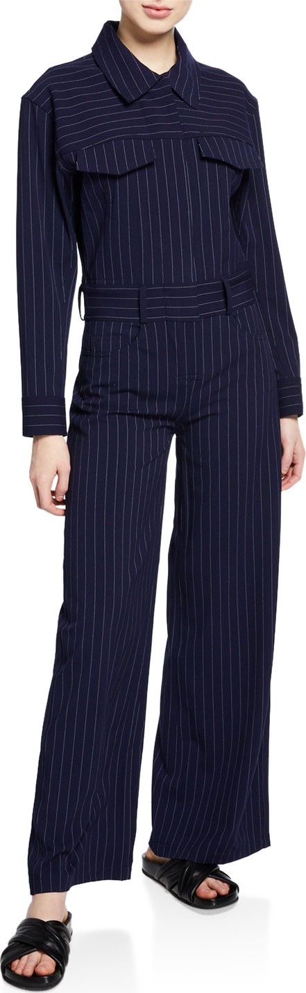 Norma Kamali Pinstripe Oversized Jeans Wide-Leg Jumpsuit