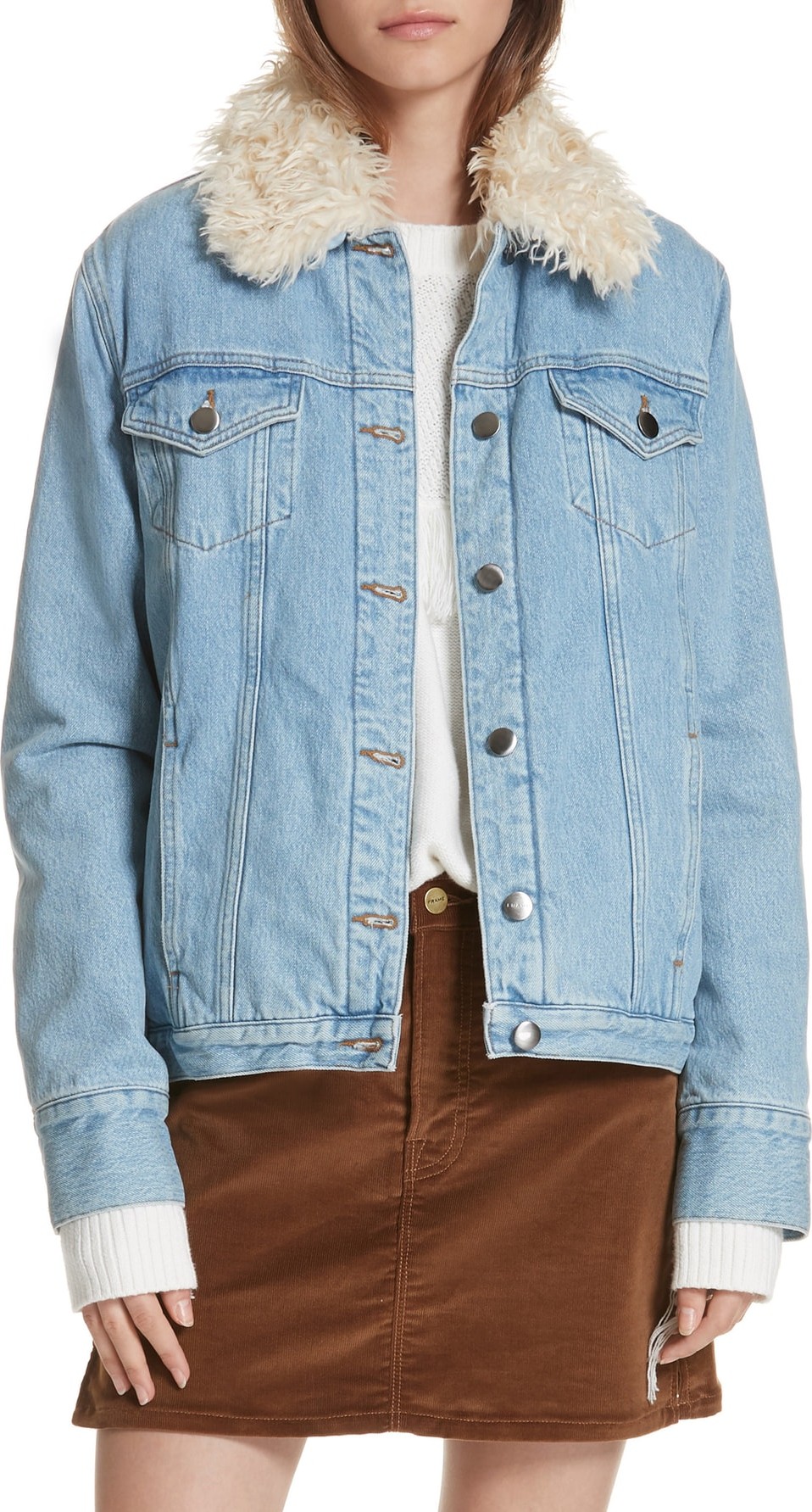 FRAME DENIM Le Curly Faux Shearling Collar Denim Jacket