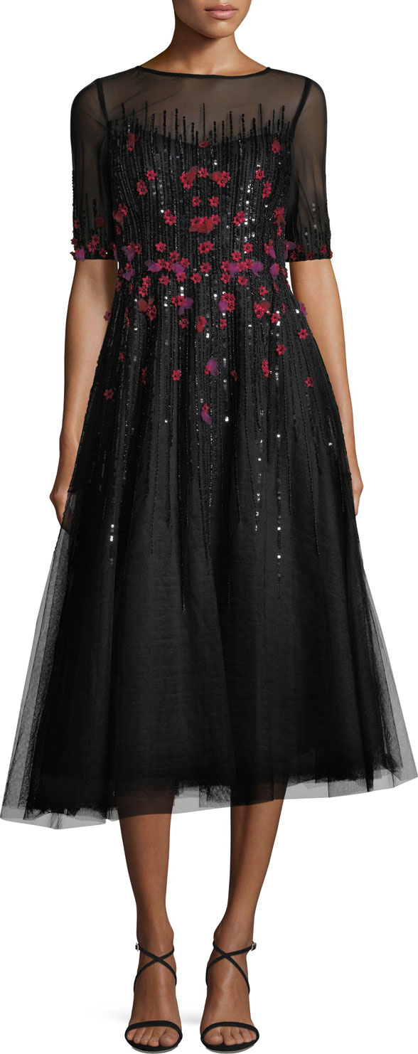 Rickie Freeman for Teri Jon 3/4-Sleeve Florals Beaded Tulle Cocktail Dress