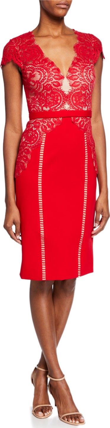 Catherine Deane Maya Lace-Bodice Cap-Sleeve Cocktail Dress
