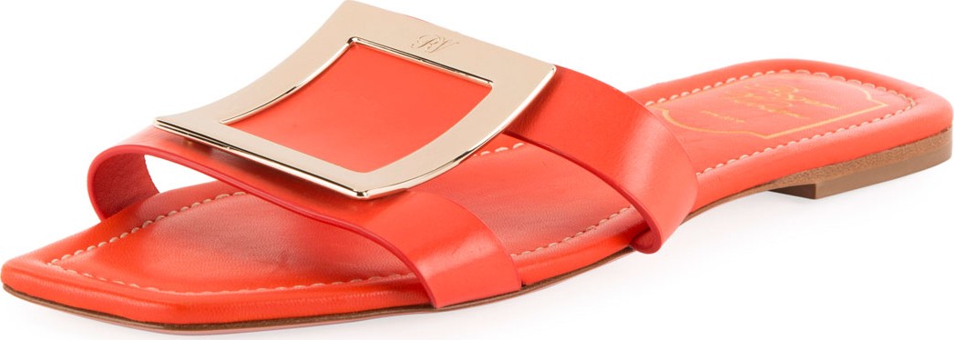 Roger Vivier Flat Leather Buckle Sandals, Orange