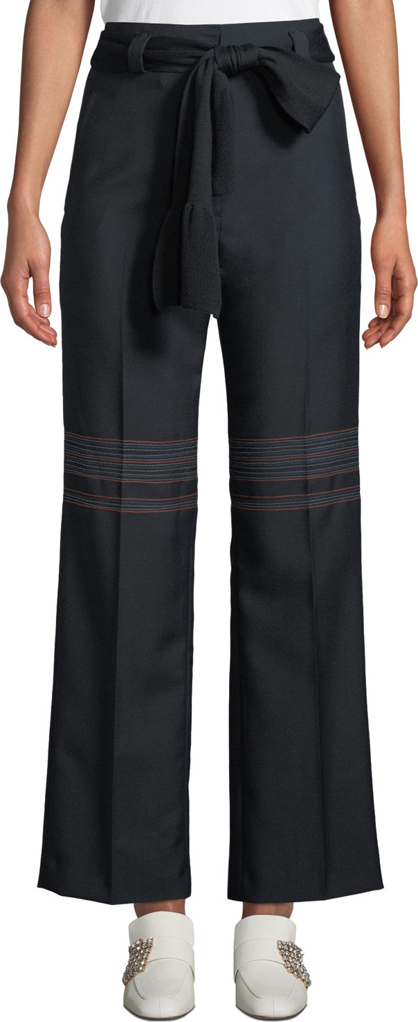 Carven Belted High-Waist Wool Straight-Leg Trousers