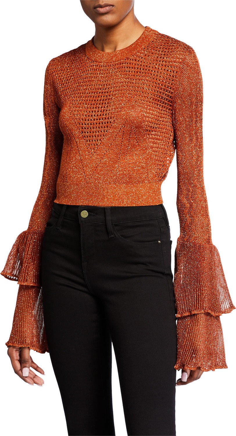 Self Portrait Cropped Metallic Knit Bell-Sleeve Top