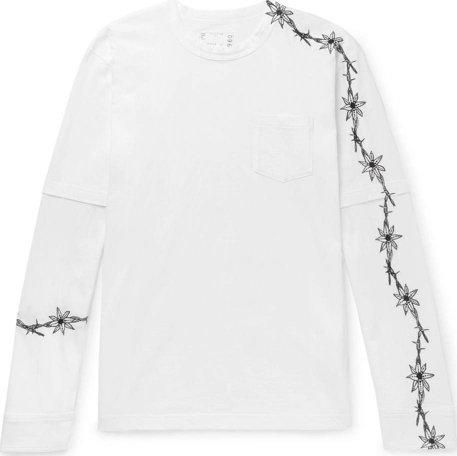 Sacai + Dr. Woo Embroidered Poplin-Panelled Cotton-Jersey T-Shirt