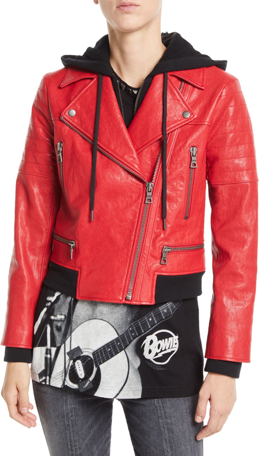 AO.LA by alice + olivia Avril Zip-Front Leather Jacket w/ Sweatshirt Hoodie Combo