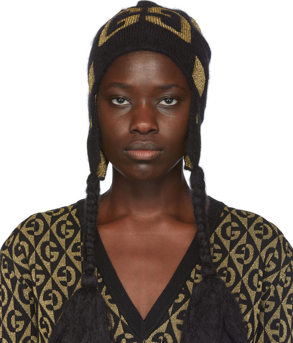 Gucci Black & Gold Knit GG Pompom Beanie