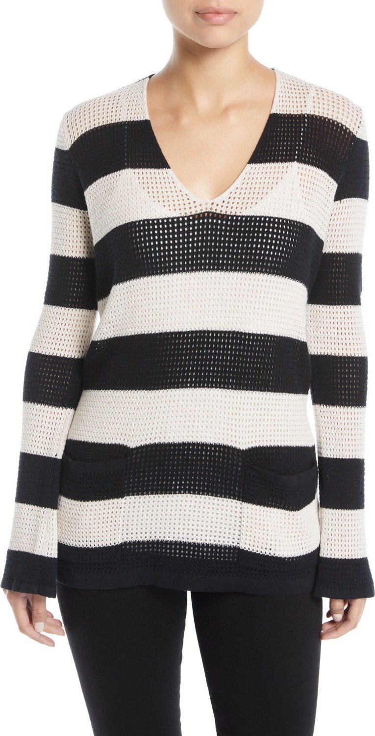 Minnie Rose Striped Mesh Cotton/Linen Sweater