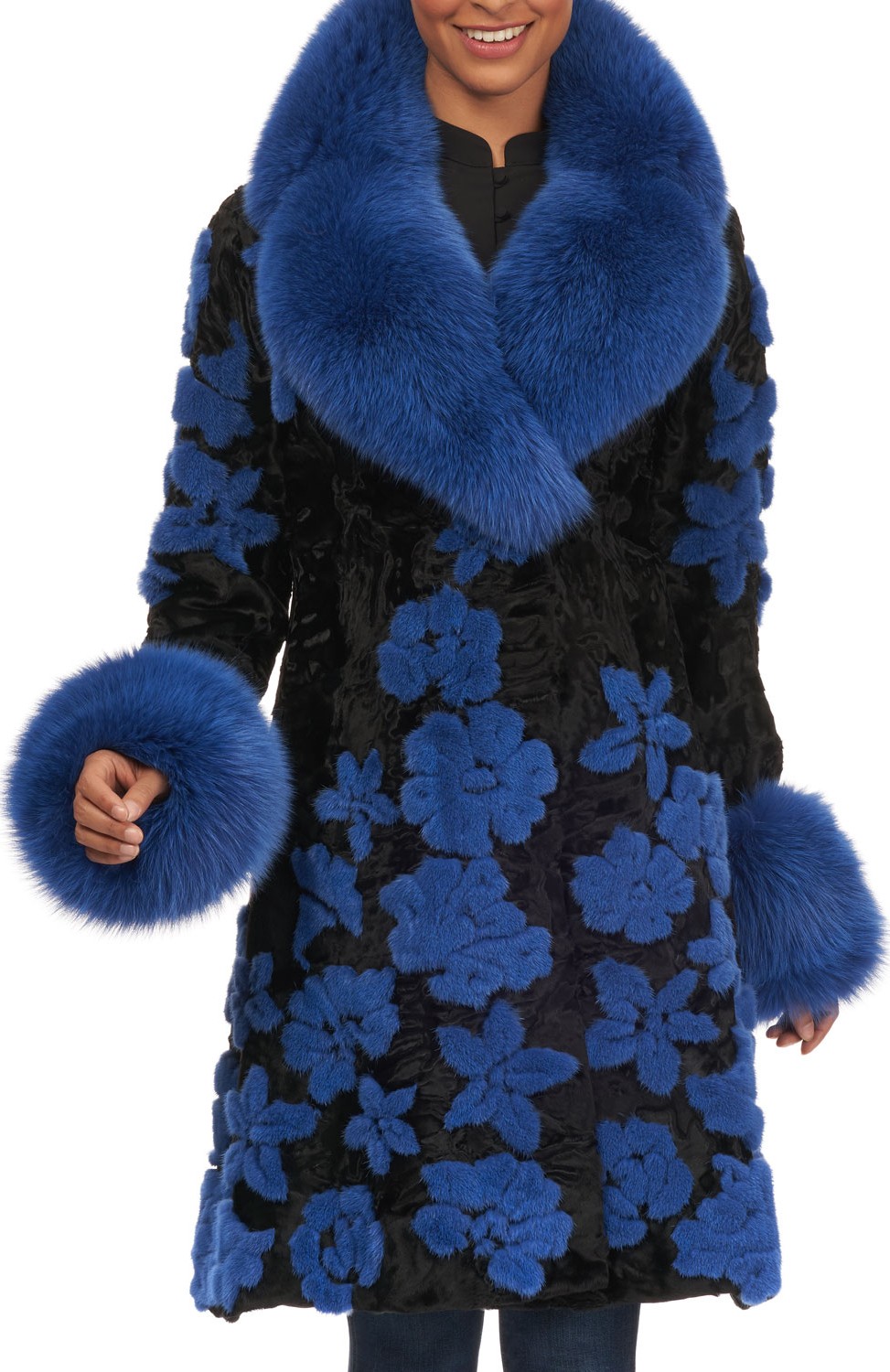 Maurizio Braschi Swakara Fur Stroller Coat w/ Mink Embroidery and Fox Collar