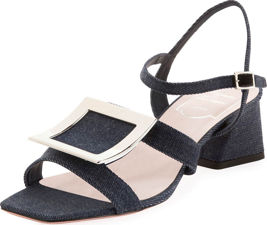 Roger Vivier Metallic Buckle Denim Sandals