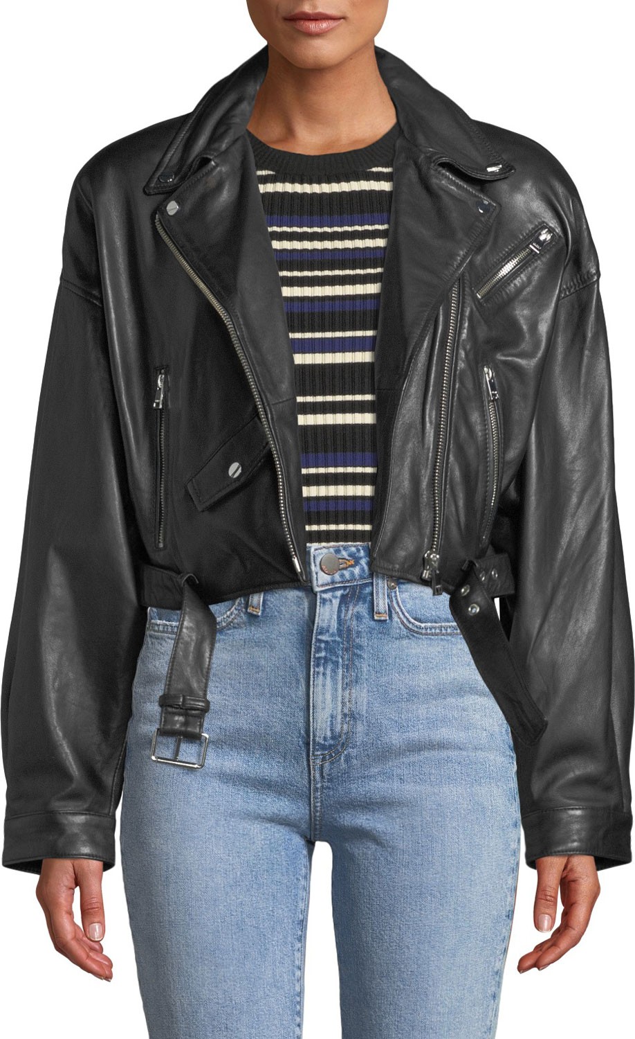 LAMARQUE Dylan Dropped-Shoulder Cropped Leather Biker Jacket