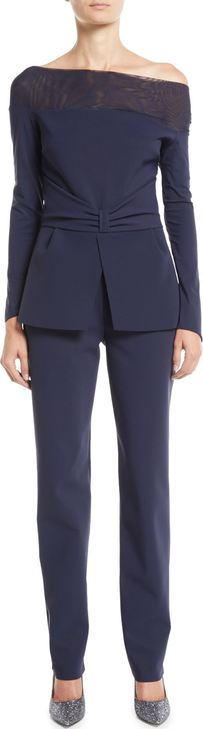 La Petite Robe di Chiara Boni Ninella Long-Sleeve Jumpsuit w/ Mesh Neck