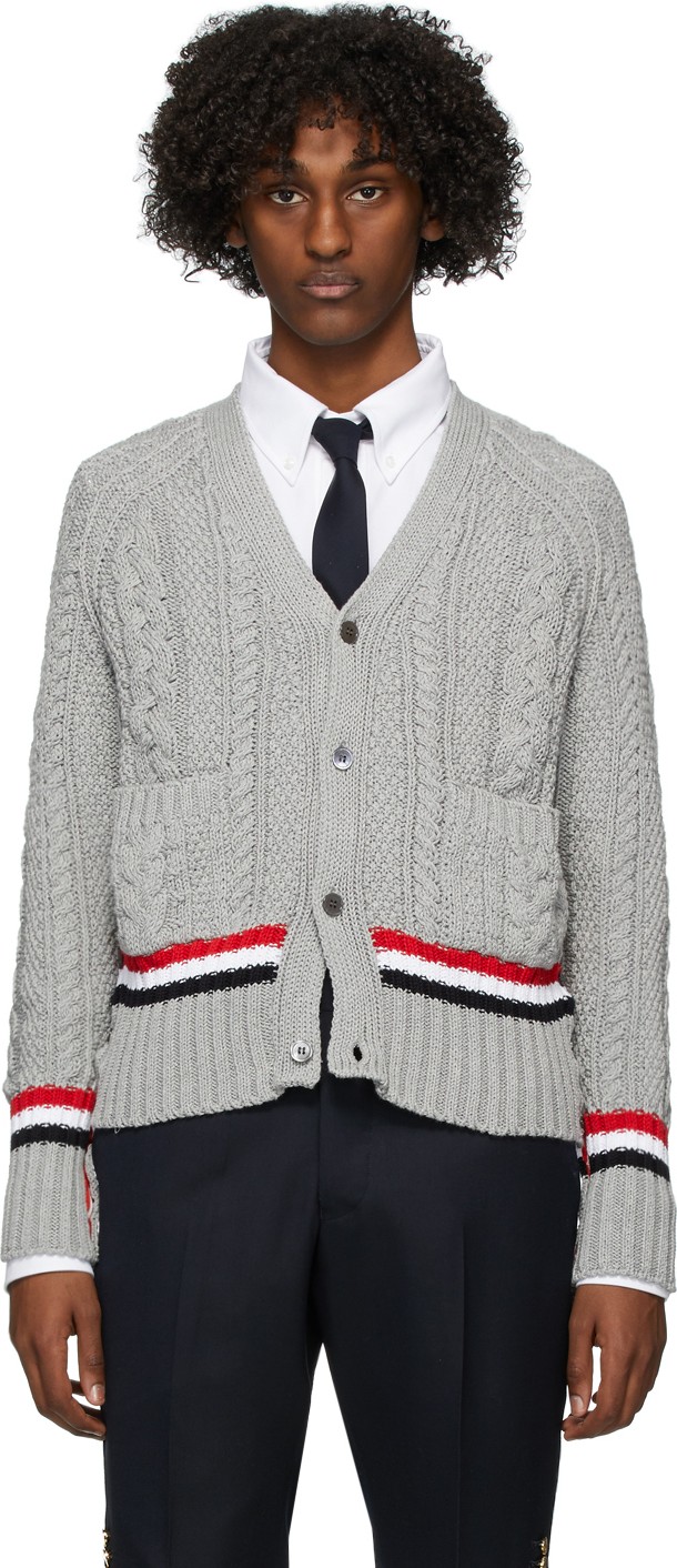 Thom Browne Grey Aran Cable V-Neck Cardigan