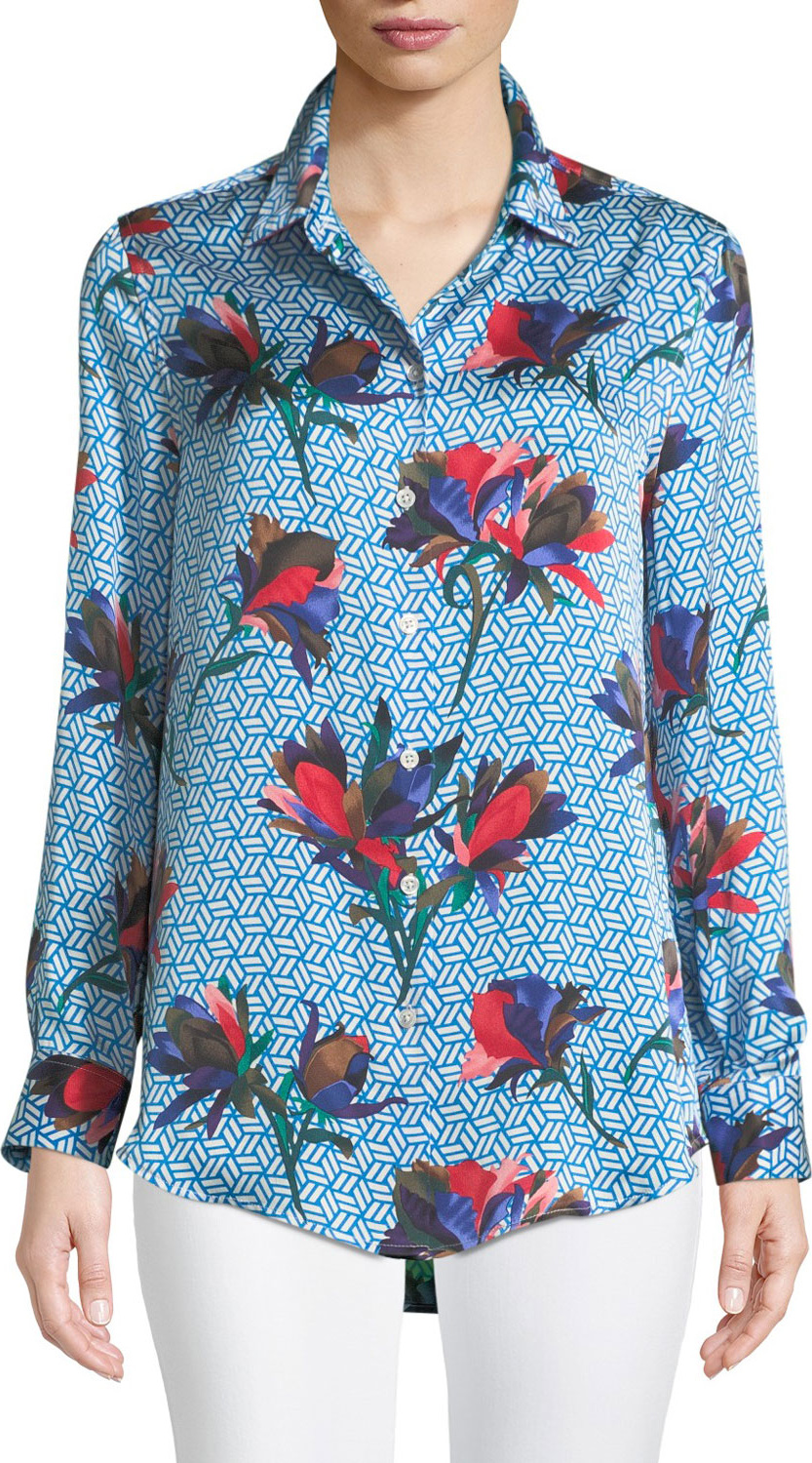 Equipment Essential Geometric Bloom Print Silk Shirt