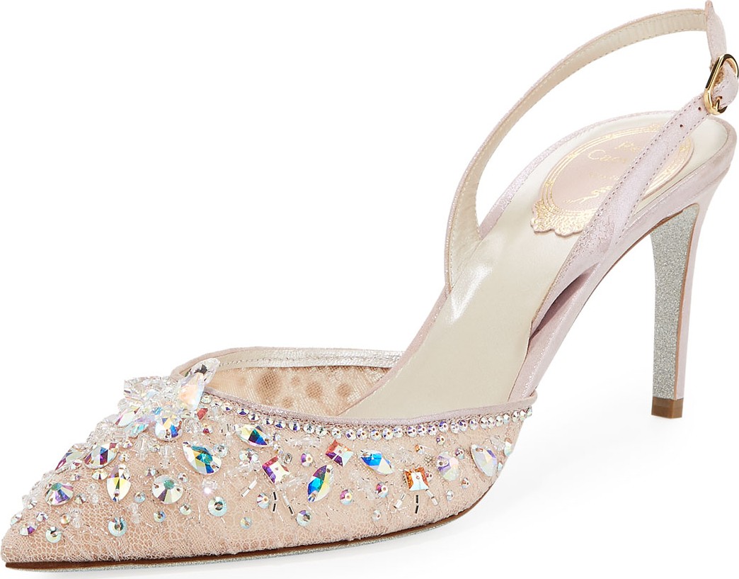 Rene Caovilla Lace Crystal Slingback Pumps