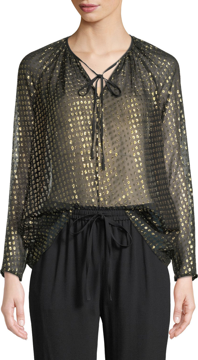 RED Valentino Silk Lame Fil Coupe Tie-Neck Blouse