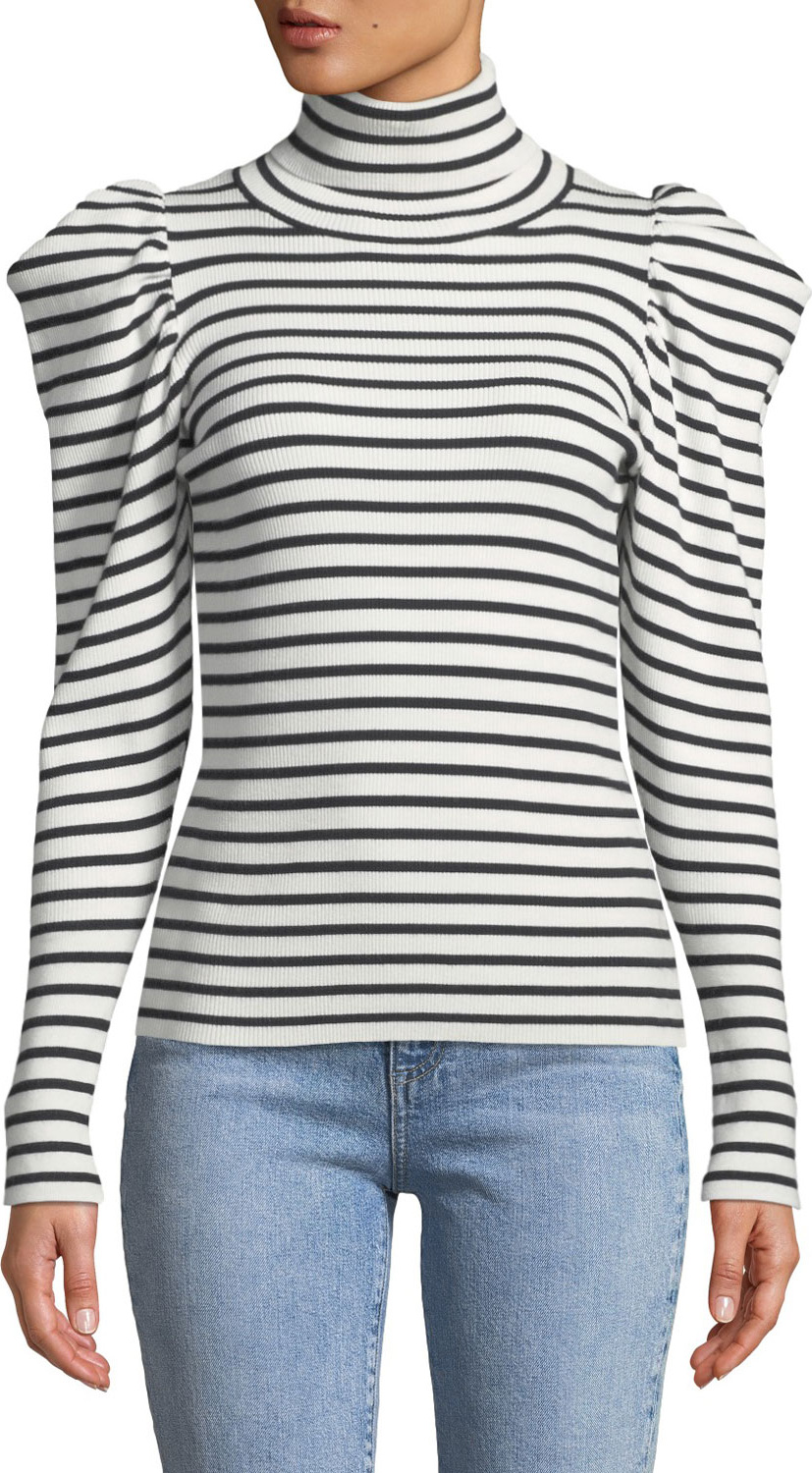 A.L.C. Baker Striped Puff-Sleeve Turtleneck Sweater