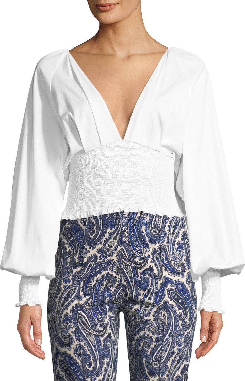 DIANE von FURSTENBERG Smocked Poplin Long-Sleeve Blouse