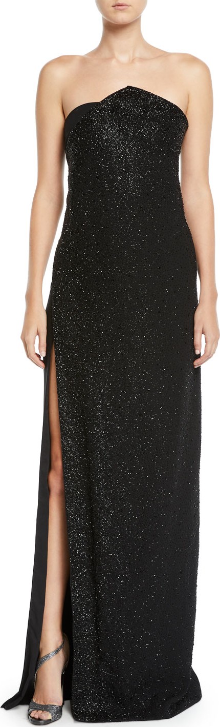 Ahluwalia Chalet Strapless Slit-Skirt Shimmered Column Gown