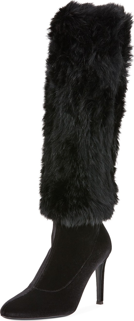 Giuseppe Zanotti Velvet Knee Boots with Fur Trim