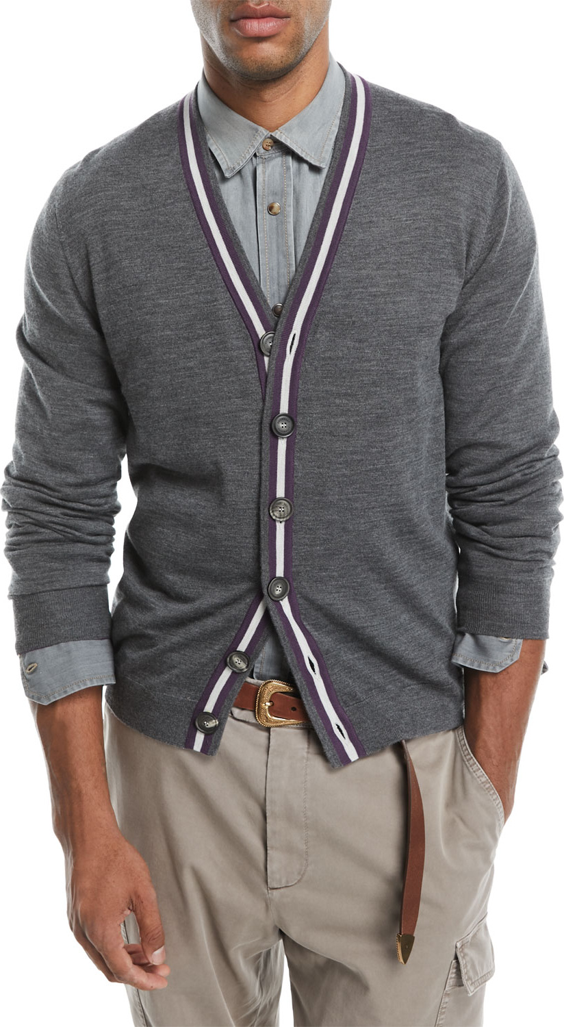 Brunello Cucinelli Contrast-Stripe Wool-Blend Cardigan