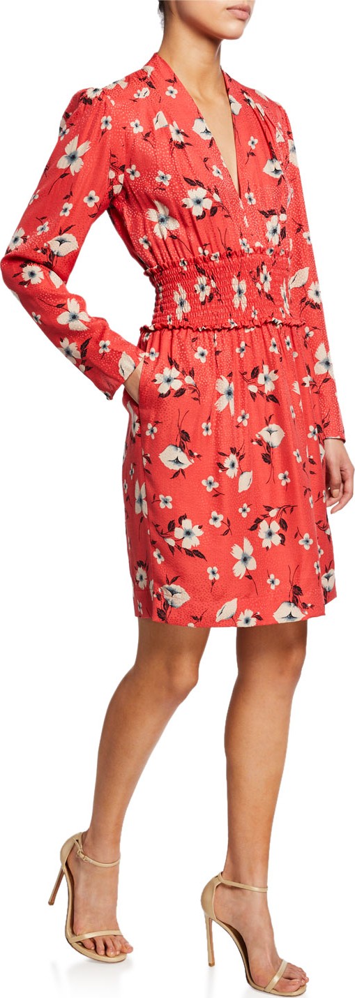Rebecca Taylor Daniella Floral-Print Long-Sleeve Smocked-Waist Dress