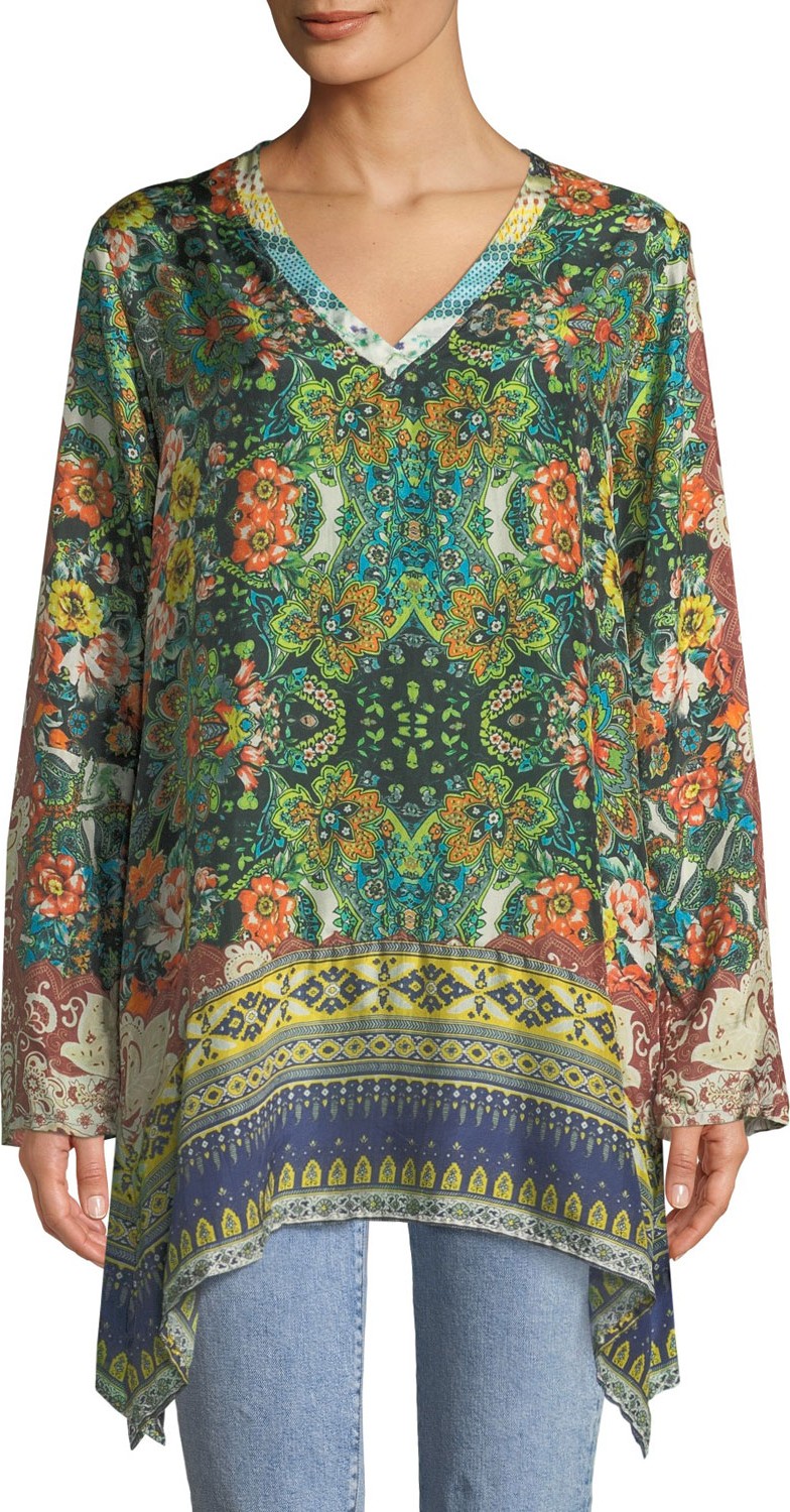 Johnny Was Paisley Silk Long-Sleeve V-Neck Tunic