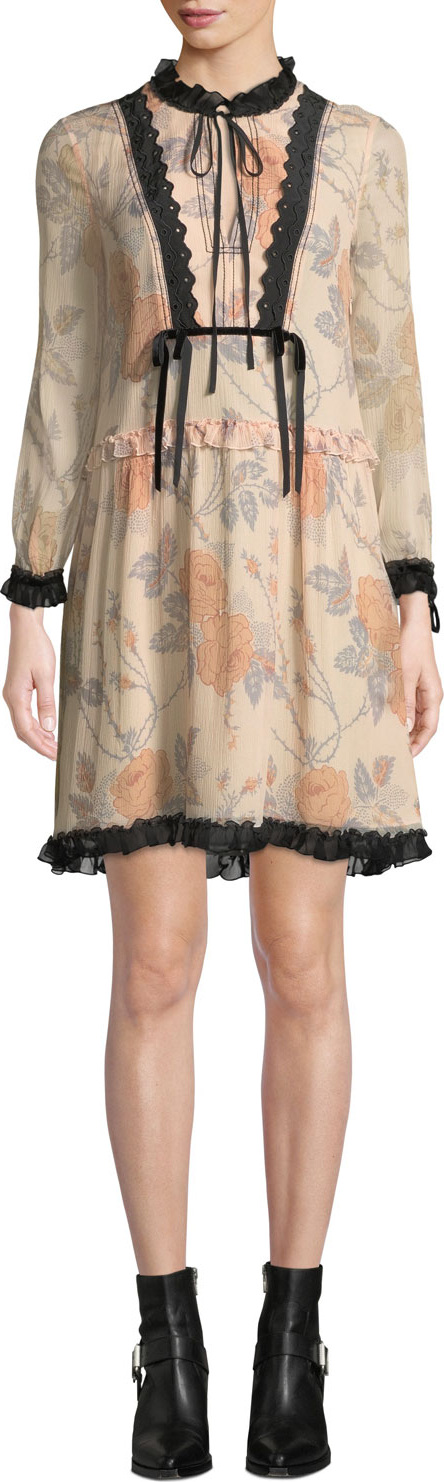 COACH Rose-Print Long-Sleeve Silk Short Dress