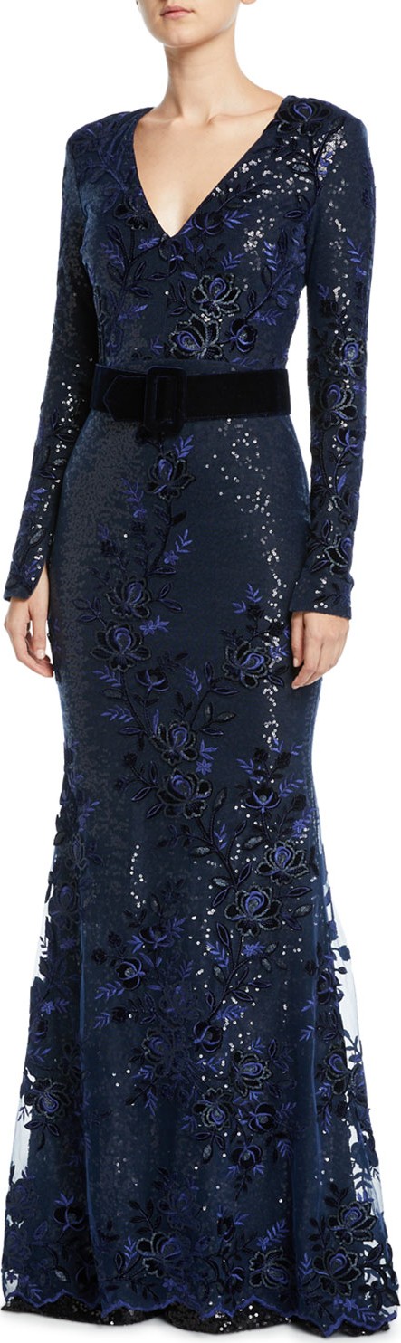 Badgley Mischka Sequin Long-Sleeve Gown w/ Velvet Band