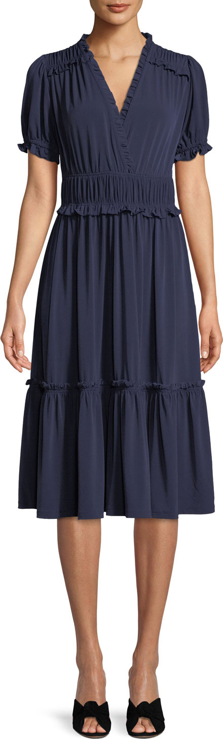 MICHAEL MICHAEL KORS Smocked V-Neck Dress w/ Ruffles MICHAEL MICHAEL KORS Smocked V-Neck Dress w/ Ruffles